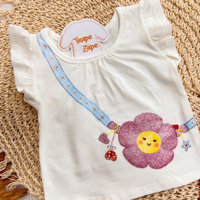 Conj. Blusa Bolsinha de Florzinha e Calça Canelada - Off White e Rosa